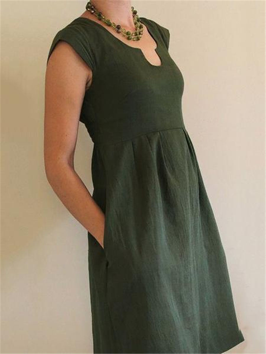 Women Cotton And Linen U-Neck High-Waist A-Line Sleeveless Dress