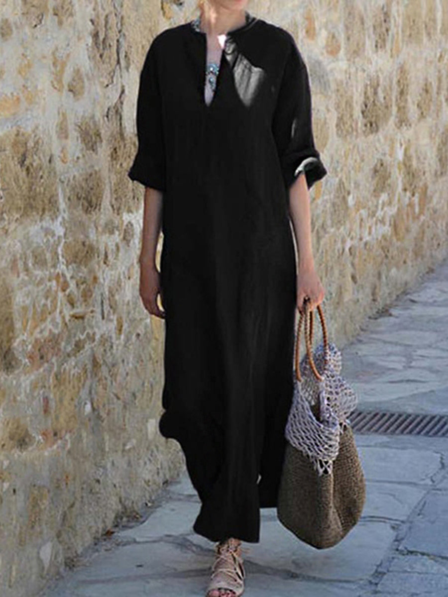 Women Cotton and Linen V-Neck 1/2 Sleeve Split-Side Loose Maxi Dress