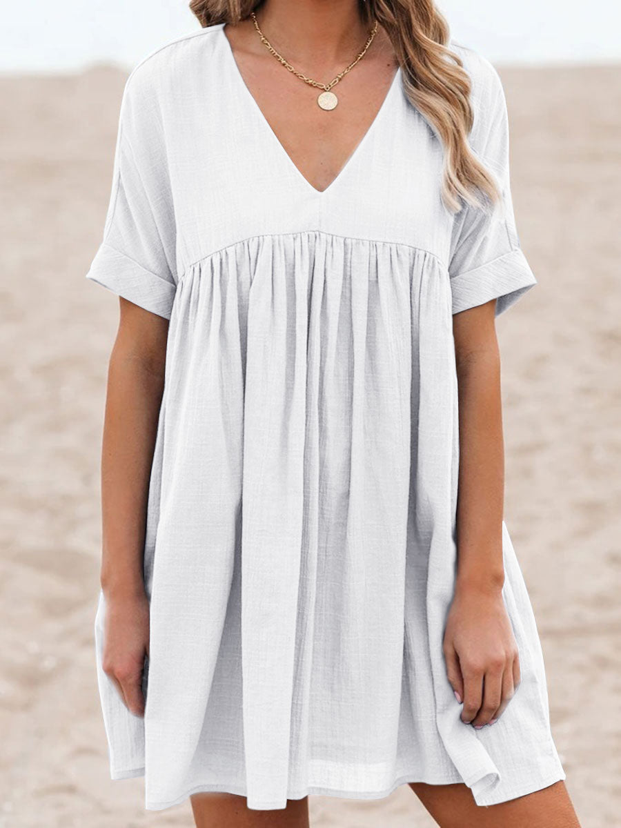 Women Cotton and Linen V-Neck Short Sleeve Loose Mini Dress