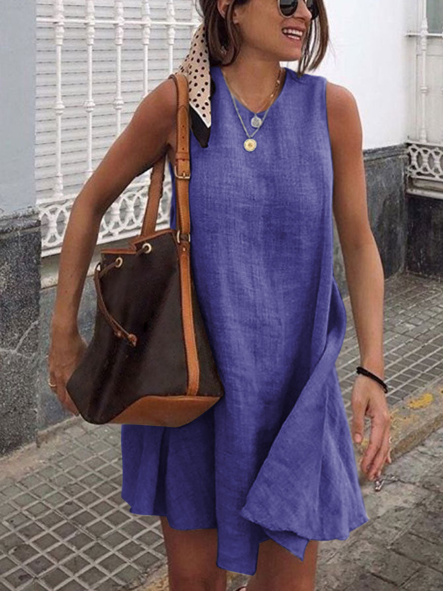 Women Cotton and Linen Sleeveless Simple Beach Mini Dress