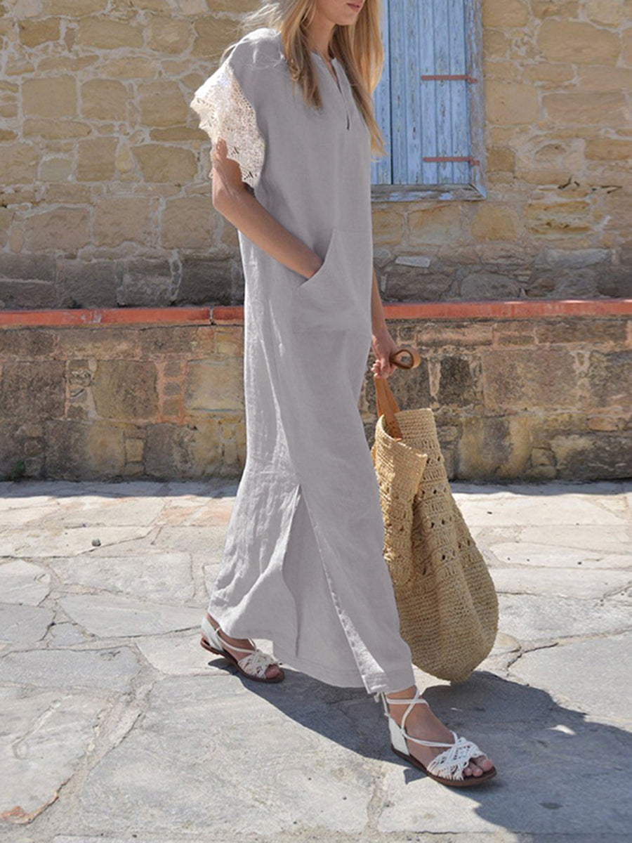 Casual V-neck Lace Short-sleeved Split Loose Dress